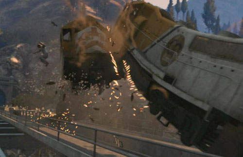 《俠盜獵車手5》擋不住的火車　就算你堆了10台砂石車...