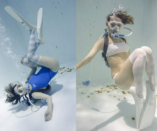 濕濕泳裝+膝上襪寫真　美麗女體在水中悠然的擺動著