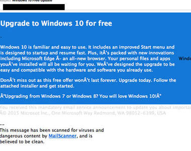 警告《Windows10更新郵件有病毒》假裝由微軟寄出別被騙 警告《Windows10更新郵件有病毒》假裝由微軟寄出別被騙