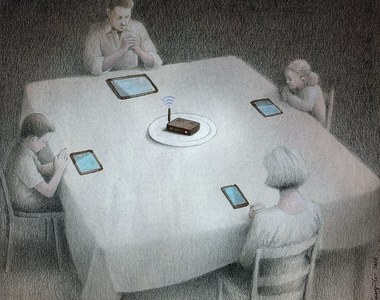 《諷刺插畫》餐桌上好像真的放平板或手機就飽了... 《諷刺插畫》餐桌上好像真的放平板或手機就飽了...