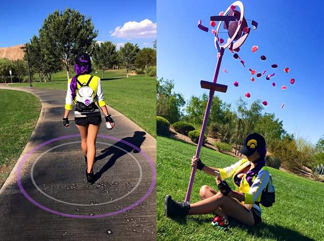 巨乳coser寶可夢訓練師玩《Pokemon Go》自帶三次元超逼真灑花特效