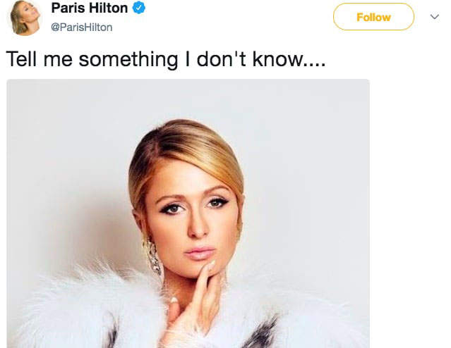 「芭莉絲希爾頓」推特表示：告訴我一些我不知道的事情