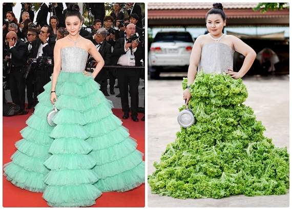 狂《低成本Cosplay》大尺碼食尚名媛利用「食材」神複製紅毯造型