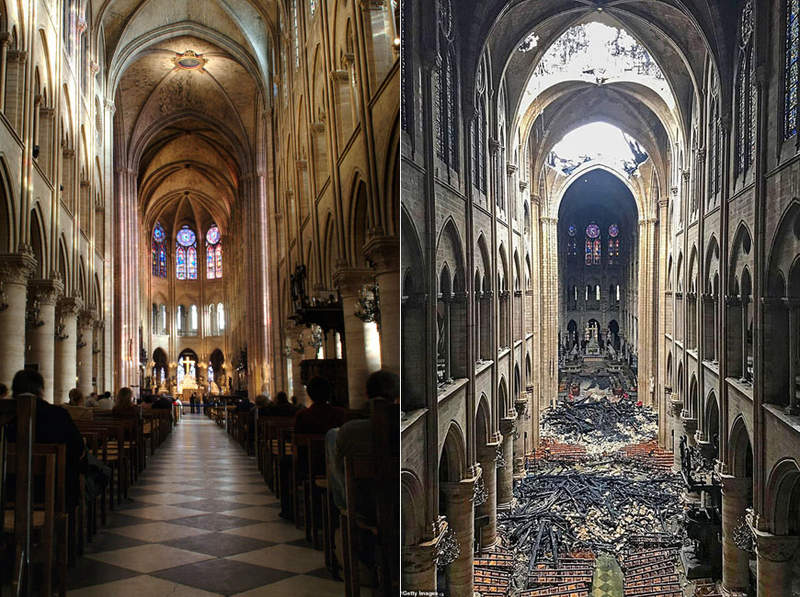 《巴黎聖母院大火》火災前後對比圖 大理石雕像都被燻黑了 《巴黎聖母院大火》火災前後對比圖 大理石雕像都被燻黑了