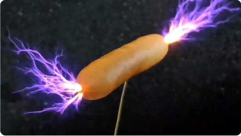 《特斯拉線圈做料理》香腸發出紫色閃電奇景，吃起來口感比較不一樣嗎？