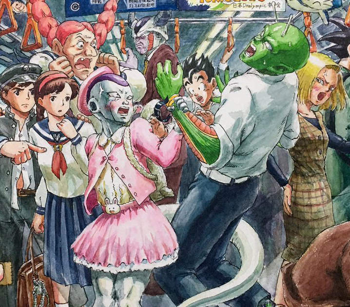 日繪師創作《七龍珠搞笑漫畫日常》弗利沙遇到電車癡漢襲擊被摸屁股啦XD