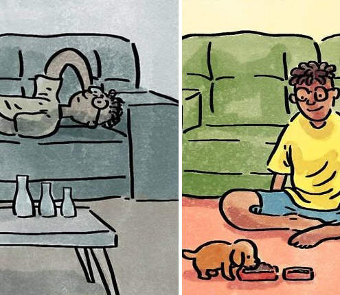 用圖片說故事《養不養狗的生活差異》藝術家成功的把兩種生活型態給表現出來