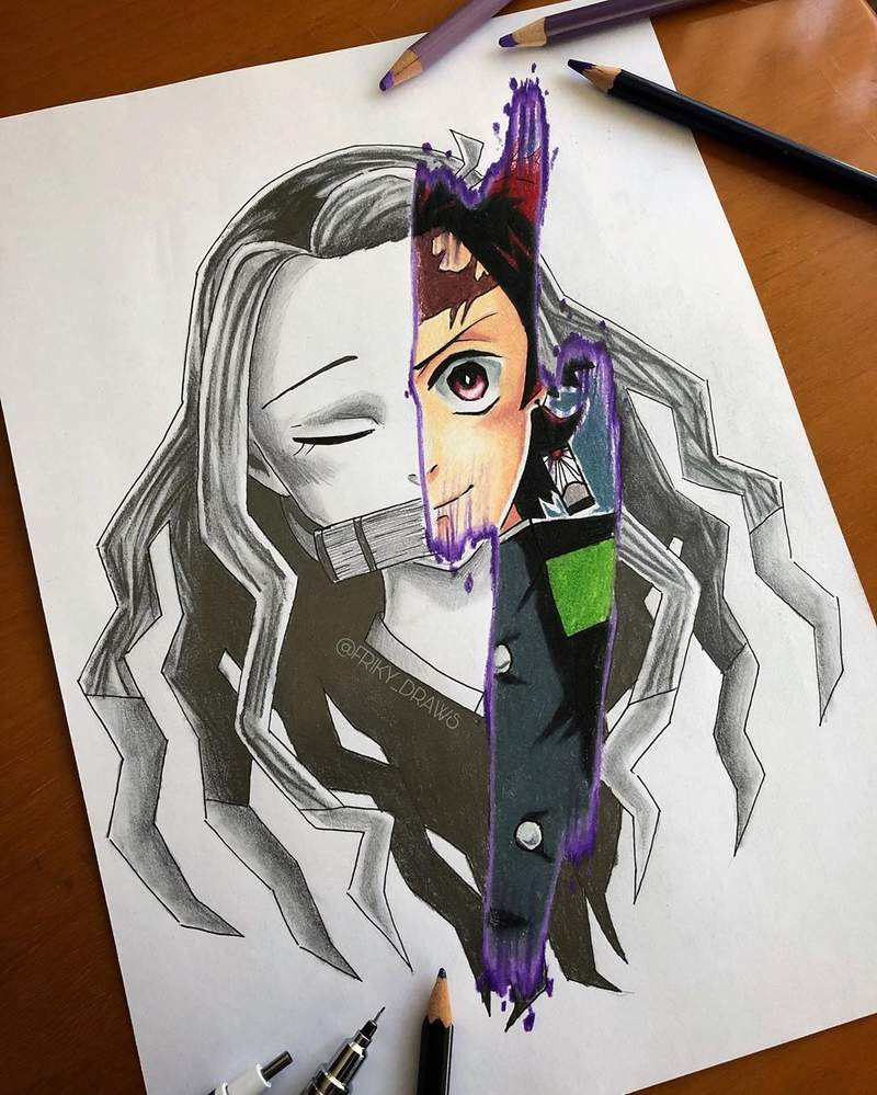 繪師創作《動漫人物分裂畫風》素描加上彩稿呈現出精彩的對比效果 繪師創作《動漫人物分裂畫風》素描加上彩稿呈現出精彩的對比效果