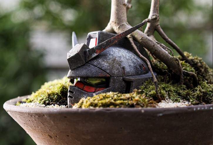 《鋼彈的盆栽造景設計》看著舊化的金屬與生長的植物，這就是和平的象徵啊